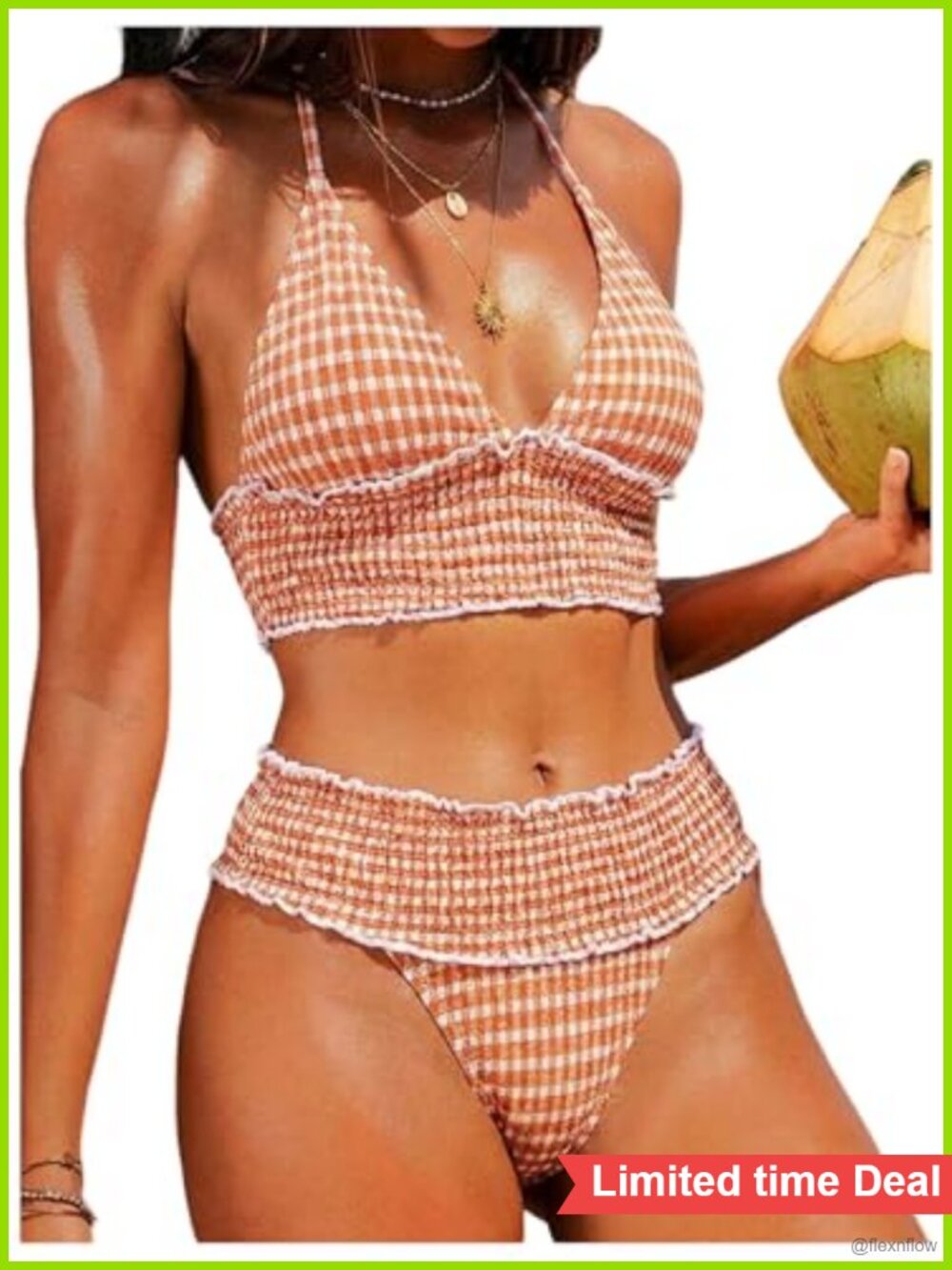 Halter Triangle Bikini Set Smocked Gingham 2 Piece Swimwear Beach